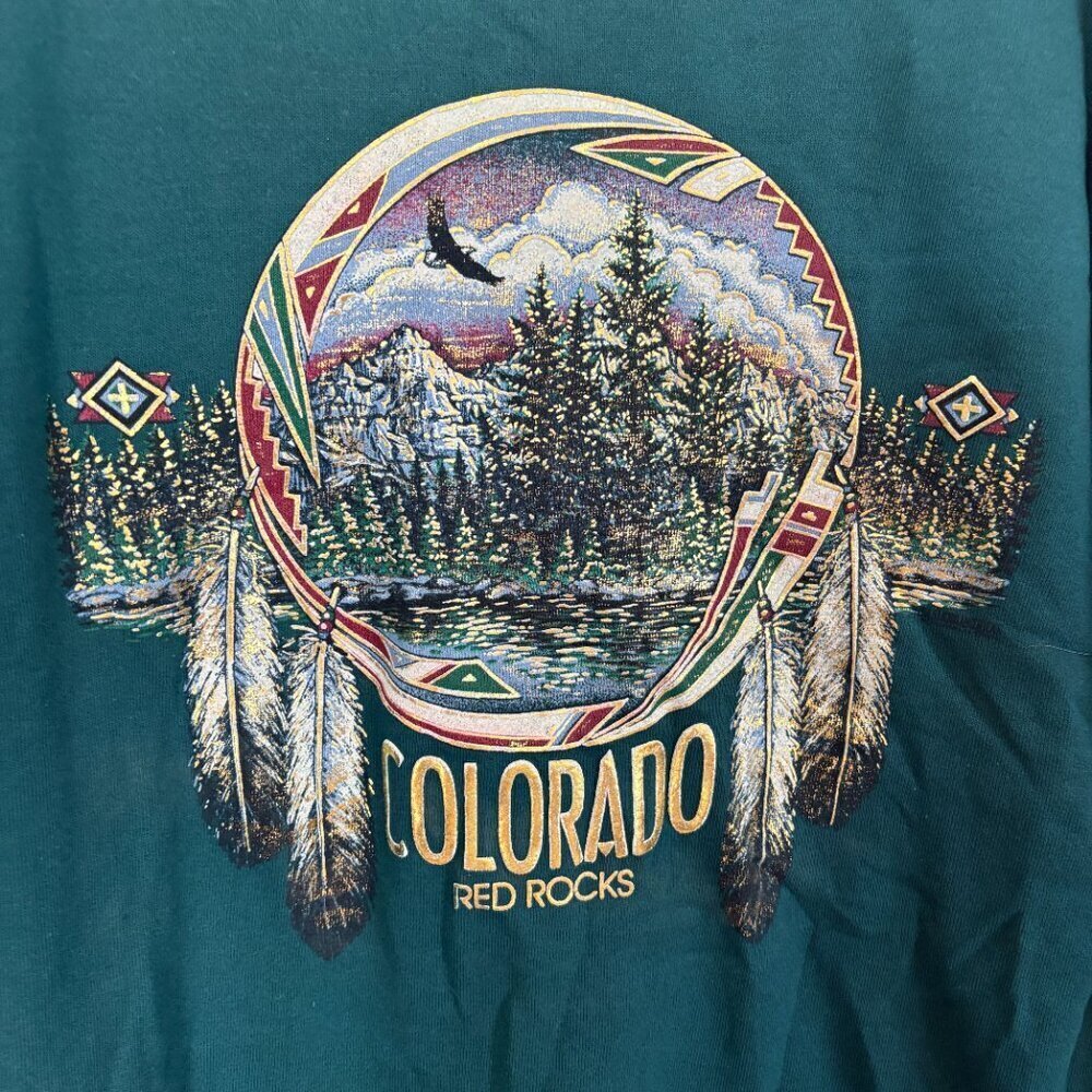 Vintage Colorado Red Rocks Crewneck Sweater Adult Large Teal Tribal Outdoor 90s - Picture 2 of 8